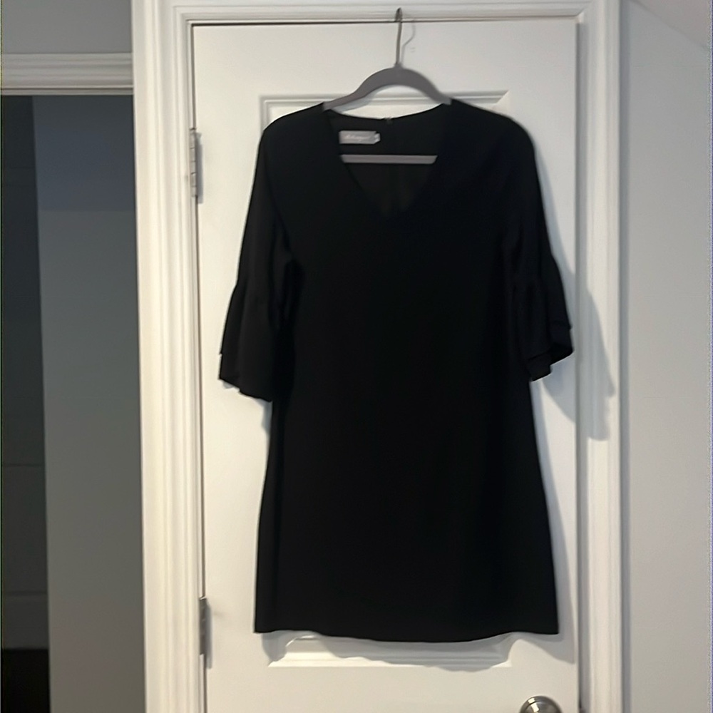 Black a-line dress with trumpet sleeves and back zip closure (size S)
